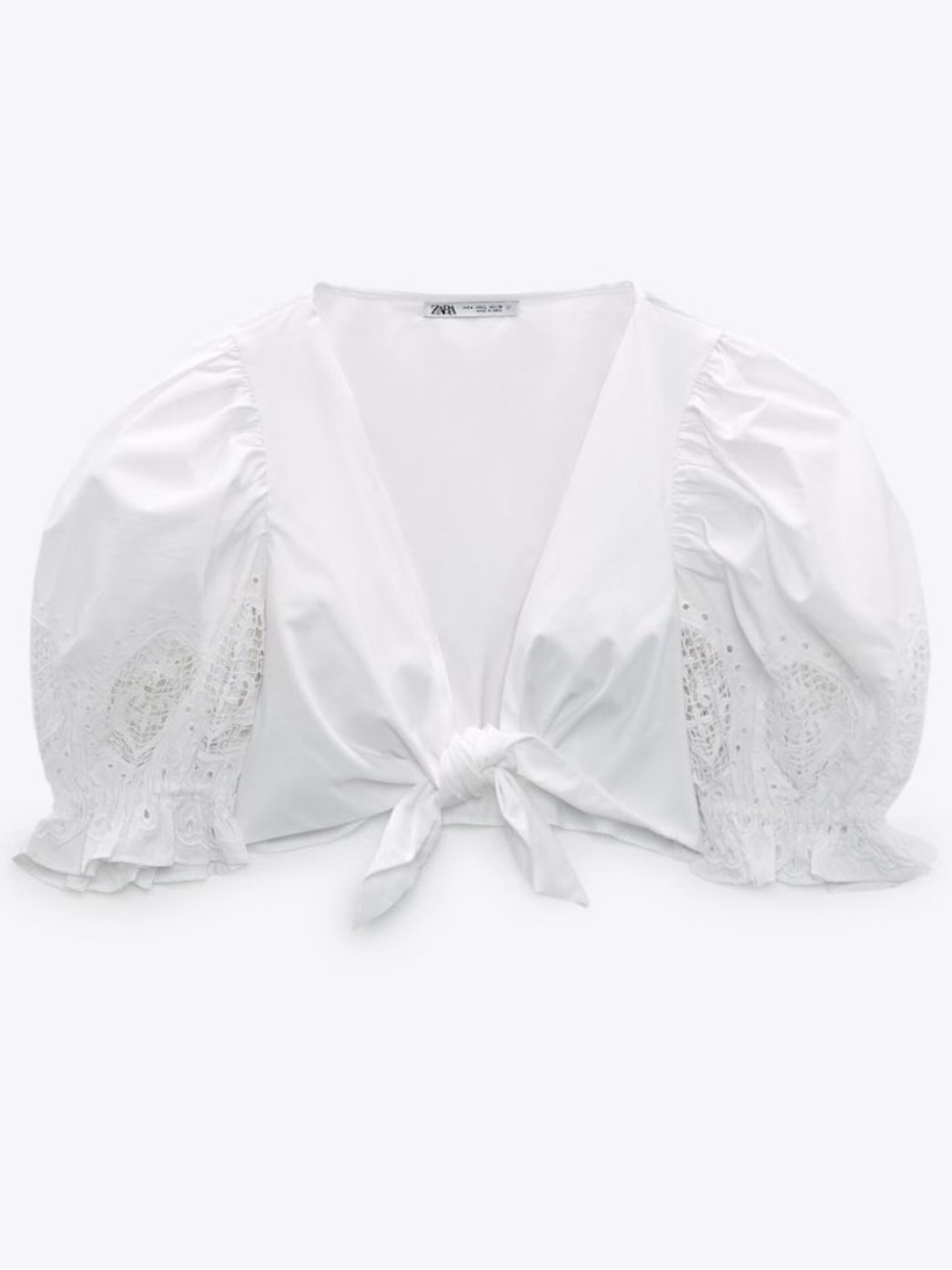 Zara White Tie-Front Puff Sleeve Blouse with Eyelet Detail
